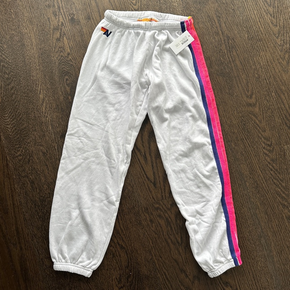 Aviator Nation White Sweatpants with Pink & Blue Side Stripes